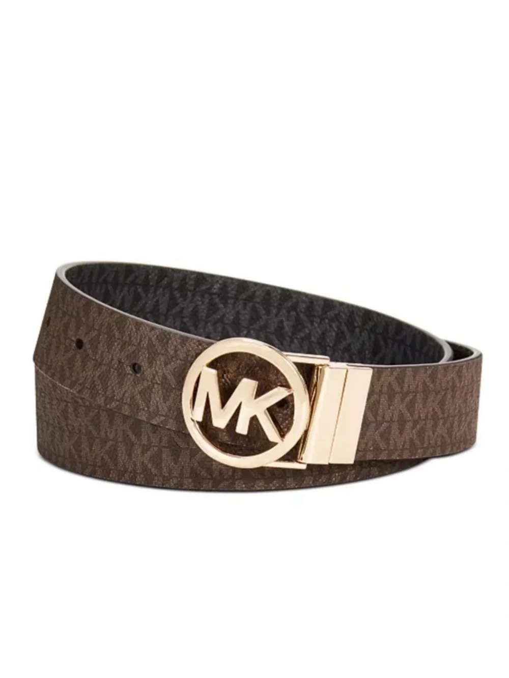 Michael Kors Reversible MK Logo Belt Brown Monogram Gold Buckle 43.5”